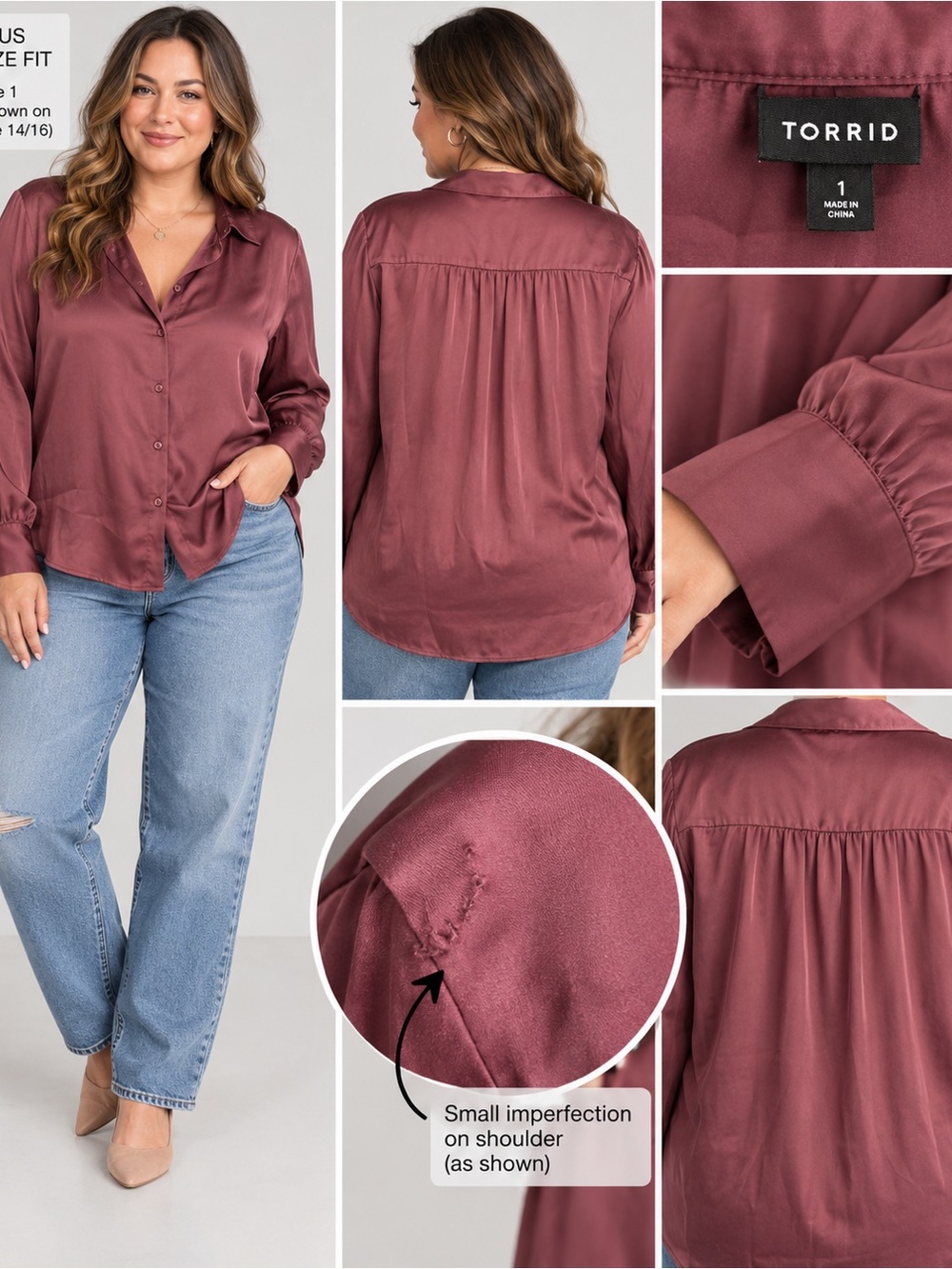 Torrid Size 1 Dusty Mauve Satin Button Down Blouse Long Sleeve